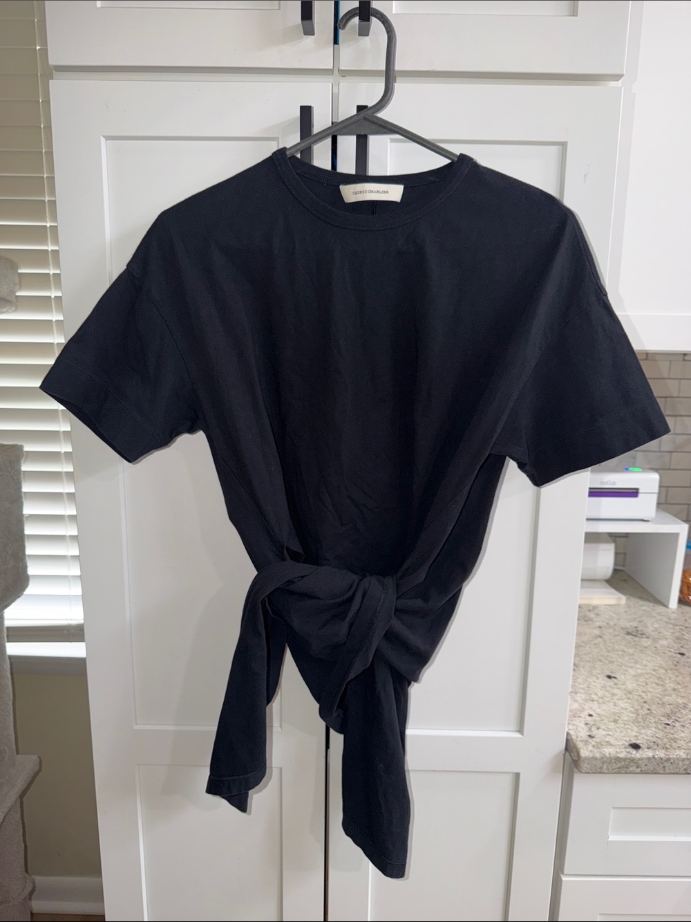 Cedric Charlier Black Elongated Hem Front-Tie Tee Short Shirt Size 6 or Small